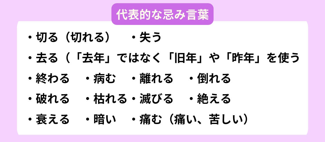 ・切る(切れる)・去る(「去年」ではなく「旧年」や「昨年」を使う)・終わる・落ちる・病む・離れる・失う・倒れる・破れる・枯れる・滅びる・絶える・衰える・暗い・痛む(痛い、苦しい)